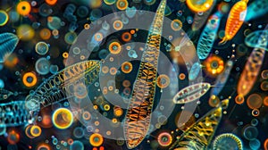 A microscopic image of a of diatoms appearing like a vibrant underwater forest with a diverse array of shapes and sizes