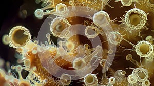 A microscopic image of a fungal fruiting body its surface covered in tiny round sporebearing structures. The fruiting photo