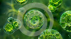 A microscopic image of green algae cells each with a distinct nucleus and chloroplasts that give them their vibrant