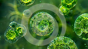A microscopic image of green algae cells each with a distinct nucleus and chloroplasts that give them their vibrant photo