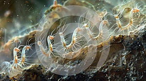 A microscopic image of a group of nematodes crawling on the surface of a submerged rock their tiny hairlike projections