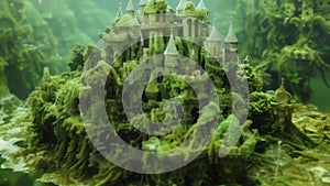 A microscopic image of a majestic miniature castle made of green algae surrounded by a bustling community of tiny