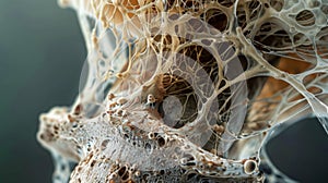 A microscopic image of a mushroom stem with the mycelium network visible as thin threads wrapping around the base. .