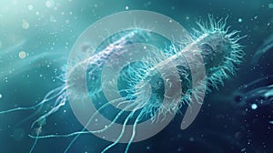 Microscopic image of two bacteria swimming in a blue liquid