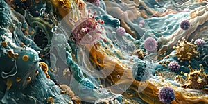 A microscopic landscape of the digestive tract teeming with bacteria of various shapes and sizes