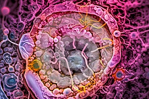 Microscopic macro close up shot of human cell. Biology, microbiology or chemistry. Scientific abstract background.