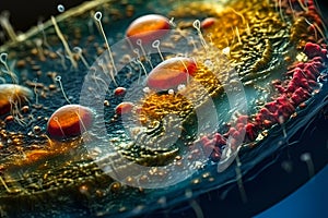 Microscopic macro closeup shot of cell and bacteria. Biology, microbiology or chemistry. Scientific abstract background.