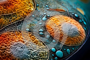 Microscopic macro closeup shot of cell and bacteria. Biology, microbiology or chemistry. Scientific abstract background.
