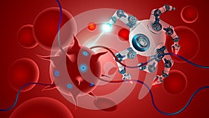 Microscopic nano robot kills disease-causing bacteria inside the human body. nanorobot in blood flow among cells hemoglobin.