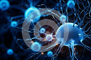 Microscopic of Neuron brain cell network. Interconnected nerve cells with electrical pulses. Generative AI