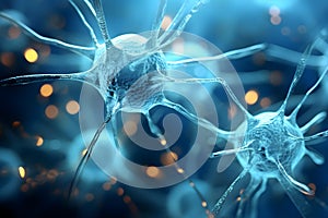 Microscopic of Neuron brain cell network. Interconnected nerve cells with electrical pulses. Generative AI