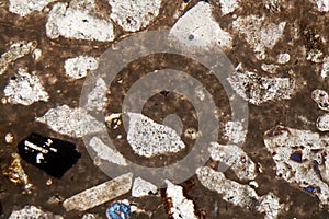 Microscopic photo of a petrographic thin section of roman concrete, opus caementicium, in polarized light