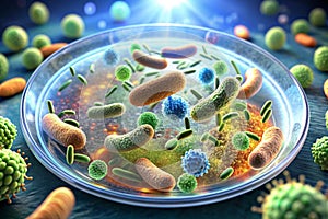 Microscopic plate of bacteria multiplying themselves 3d rendering