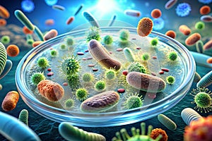Microscopic plate of bacteria multiplying themselves 3d rendering
