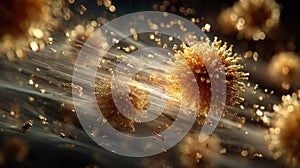 Microscopic pollen grains with spikes and golden dust