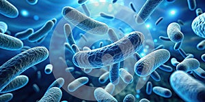 Microscopic rod-shaped bacteria in a blue environment, a detailed visualization of cellular structures and their complex