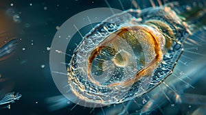 A microscopic rotifer egg surrounded by protective outer layers waiting to hatch and start its life cycle. .