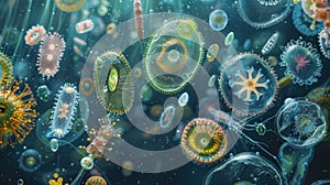 A microscopic scene featuring a variety of protozoa each one playing a vital role in maintaining the balance of their