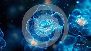 A microscopic shot of a bioluminescent dinoflagellate species with their glowing bodies in a plankton bloom mimicking photo