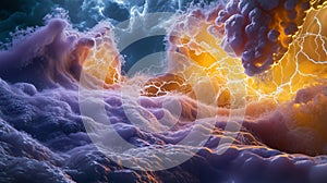 Microscopic storm developing over a lipid valley showcasing vibrant colors and intricate patterns of electrical discharges photo