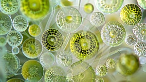 A microscopic view of algae showcasing the circular patterns and interconnected structures of these singlecelled