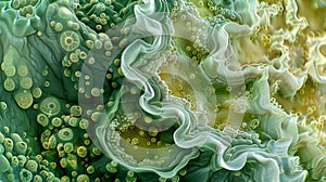 A microscopic view of an algal bloom formation resembling a beautifully textured flower with multiple layers of