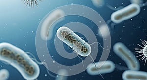 Microscopic View of Bacteria Cells in Blue Liquid Environment