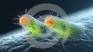 Microscopic view of bacteria with green and orange structures on dark background