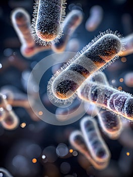 Microscopic view of bacteria with specialized surface structures in a digital illustration