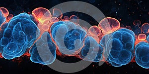 A microscopic view of blue cells surrounded by orange structures on a dark background