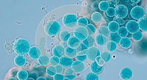 Microscopic view of bright blue spherical microorganisms or bacteria