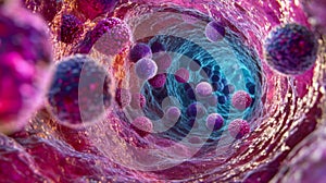 Microscopic View Of Cells Moving Through A Vessel