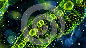 A microscopic view of a chloroplast during photosynthesis showing the transfer of electrons between photosynthetic