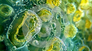 Microscopic view of a chloroplast undergoing photosynthesis with stacks of thylakoids surrounded by a stroma containing