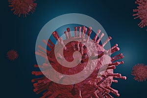 Microscopic view of coronavirus floating in fluid. Dangerous illness corona virus, pandemic risk concept. 3d rendering.