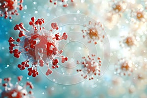 Microscopic view of coronavirus particles floating in a digital environment