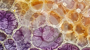 A microscopic view of a crosssection of a tree trunk showcasing the organized layers of plant cells involved in photo
