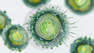 Microscopic cryptophyte algae cell with chloroplasts and groove line, floating on white