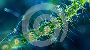 A microscopic view of a delicate phytoplankton colony its branching structure reminiscent of a miniature tree with small