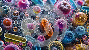 Microscopic view of diverse pathogens, highly detailed and colorful photo