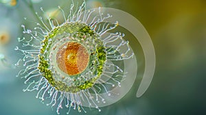 A microscopic view of a female moss archegonium containing a single egg cell waiting to be fertilized. .