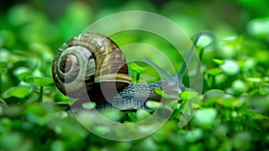 A microscopic view of a freshwater snail with its intricate shell and tentaclelike eyes slowly gliding over a patch of