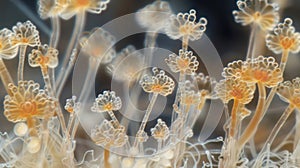 A microscopic view of fungal spores with small hairlike projections creating a mesmerizing image of a microscopic forest