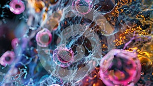 A microscopic view of a glandular network with multiple endocrine cells actively secreting hormones photo