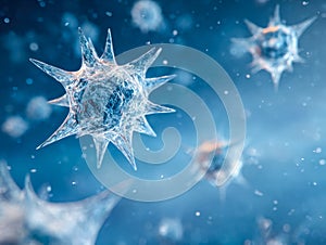 Microscopic view of glowing infectious agents in a blue environment