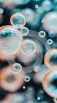 Microscopic view of glowing spheres in liquid representing nanotechnology and science research