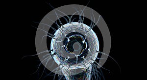 Microscopic view of a glowing viral structure on black