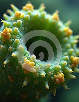 Microscopic view of green microalgae Monoraphidium contortum with spiraling structure. Complex organic geometry, intricate