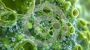 A microscopic view of a harmful algal bloom revealing the presence of toxins and pollutants within the algae cells photo