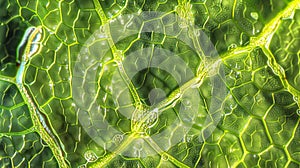 Microscopic view of a leafs stomata where tiny openings allow for gas exchange and regulate the plants moisture levels